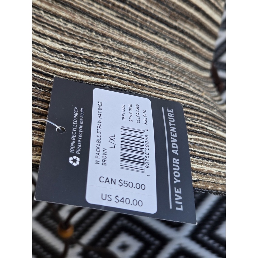 NWT Eddie Bauer Packable Straw Hat L/XL Brown Stripe Wide Brim Sun Hat Travel - Picture 5 of 15